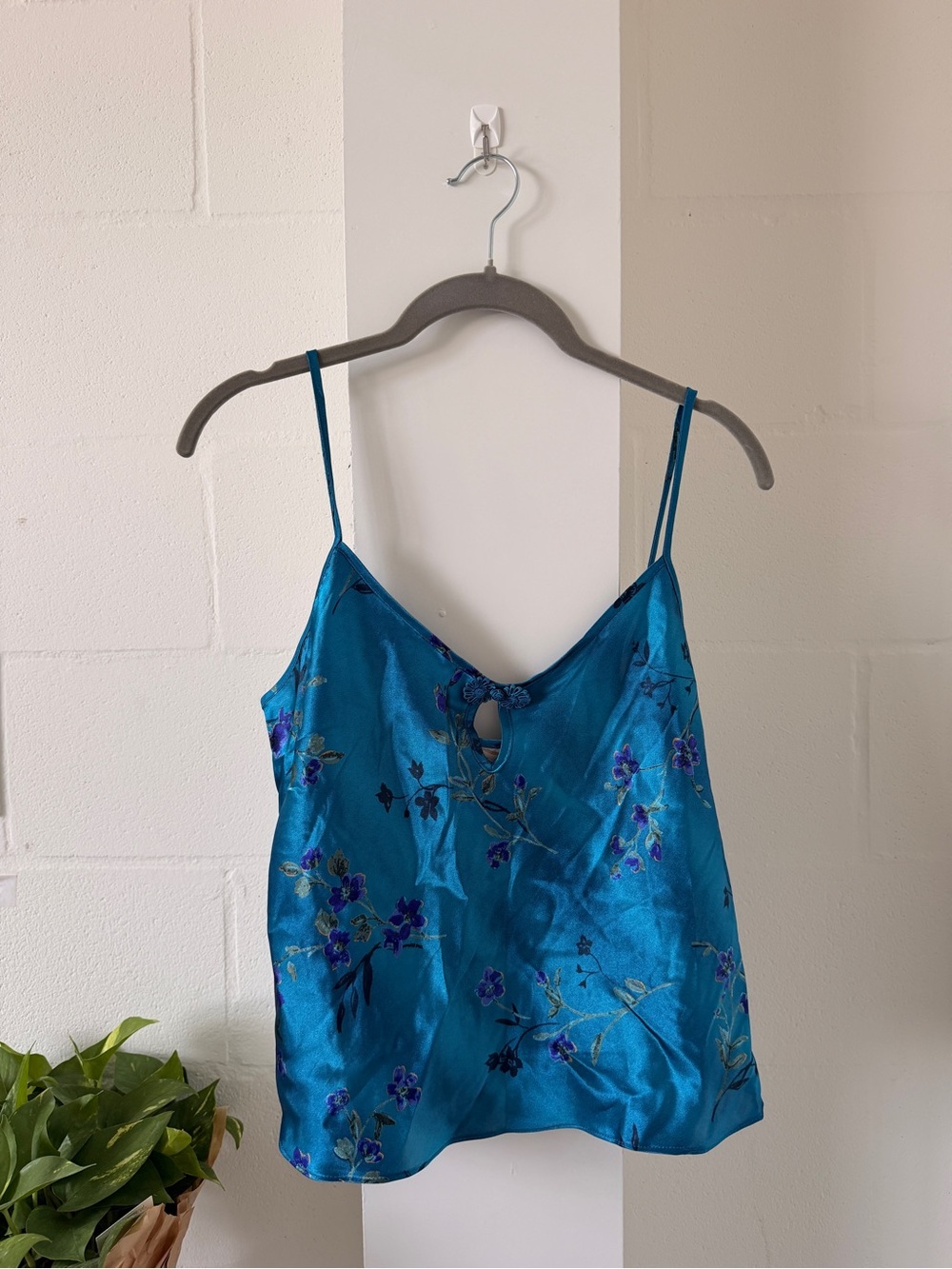 Vintage Silky Teal Floral Embroidered Spaghetti Strap Top
